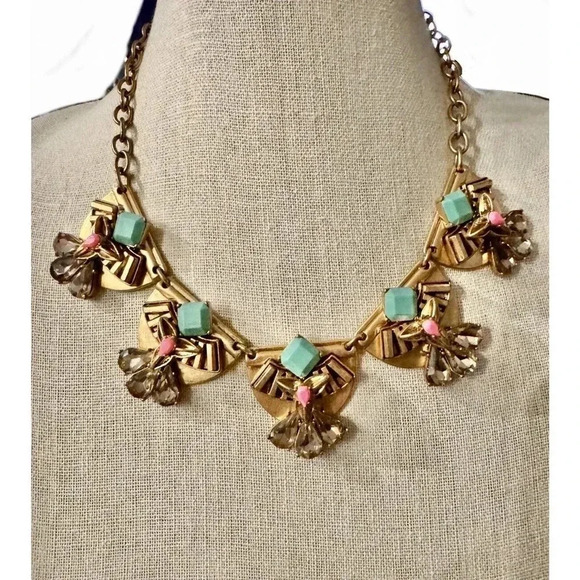 Stella & Dot Devina Green Pink Antique Gold Collar Statement Necklace - Picture 1 of 6